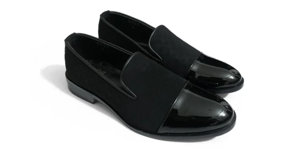 SHINNY SUEDE BLACK SLIP-ONS
